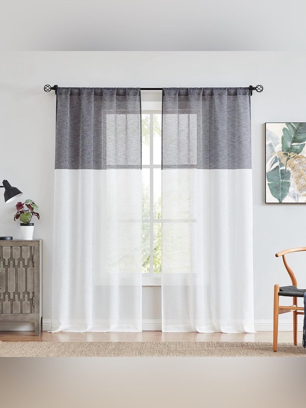 Central Park grey/white color-block linen blend curtains (set of 2) 84x40